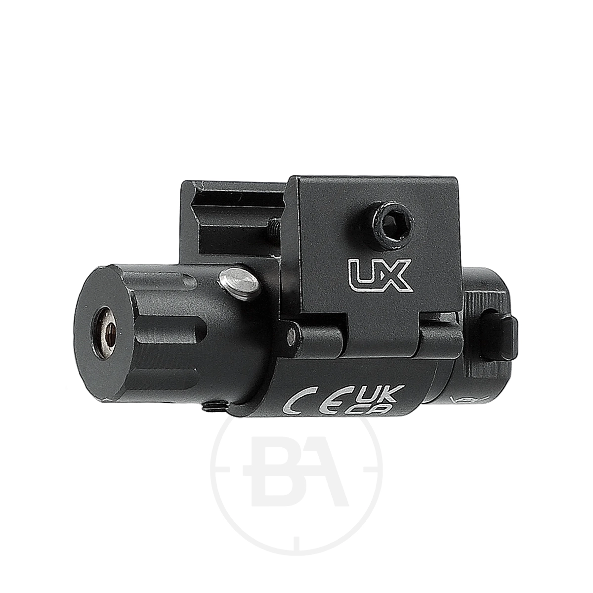 Umarex UX NL 3 Nano Laser 1 The Umarex UX NL 3 Nano Laser is a black tactical laser sight with "UX" logo, adjustment knobs, and mounting hardware, designed for firearms or airsoft guns.