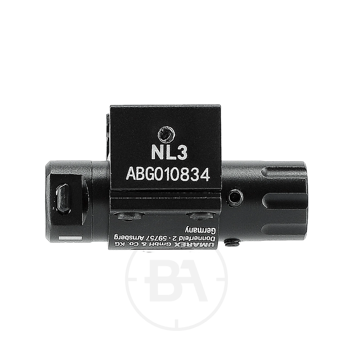 Umarex UX NL 3 Nano Laser 5 Black cylindrical Umarex UX NL 3 Nano Laser with mounting bracket and adjustment knobs, labeled "NL3 ABG010834," shown on a white background.