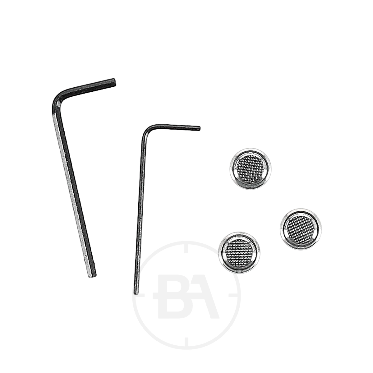 Umarex UX NL 3 Nano Laser 7 Two hex keys and four round, textured metal mesh filters—ideal for maintaining your Umarex UX NL 3 Nano Laser—are arranged on a white background.