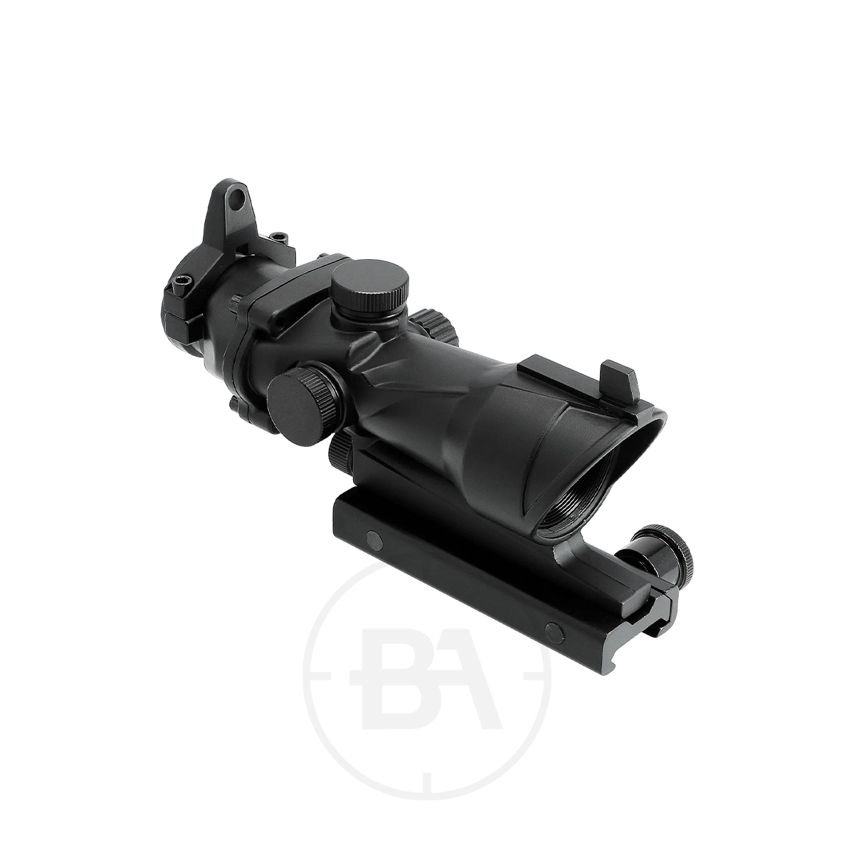 Umarex UX NP 4 MOA Nano Point Sight 11 The Umarex UX NP 4 MOA Nano Point Sight is mounted on a black tactical rifle scope with adjustment knobs and a Picatinny rail, shown against a plain white background.