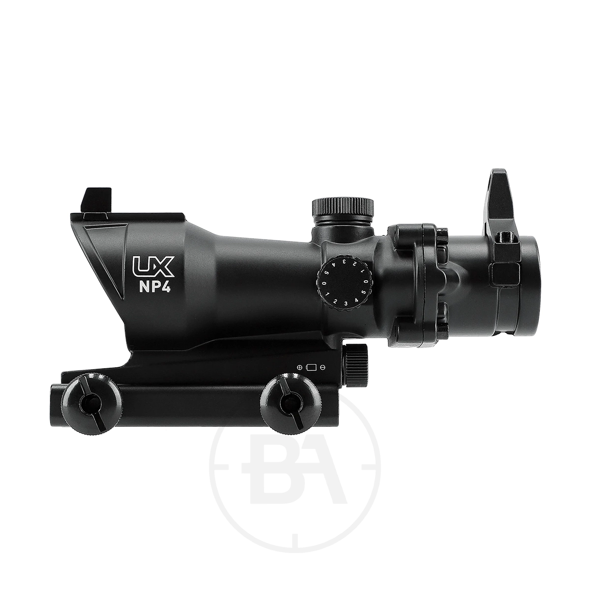 Umarex UX NP 4 MOA Nano Point Sight 9 A black Umarex UX NP 4 MOA Nano Point Sight is shown in side profile with adjustment knobs and mounting hardware on a white background.