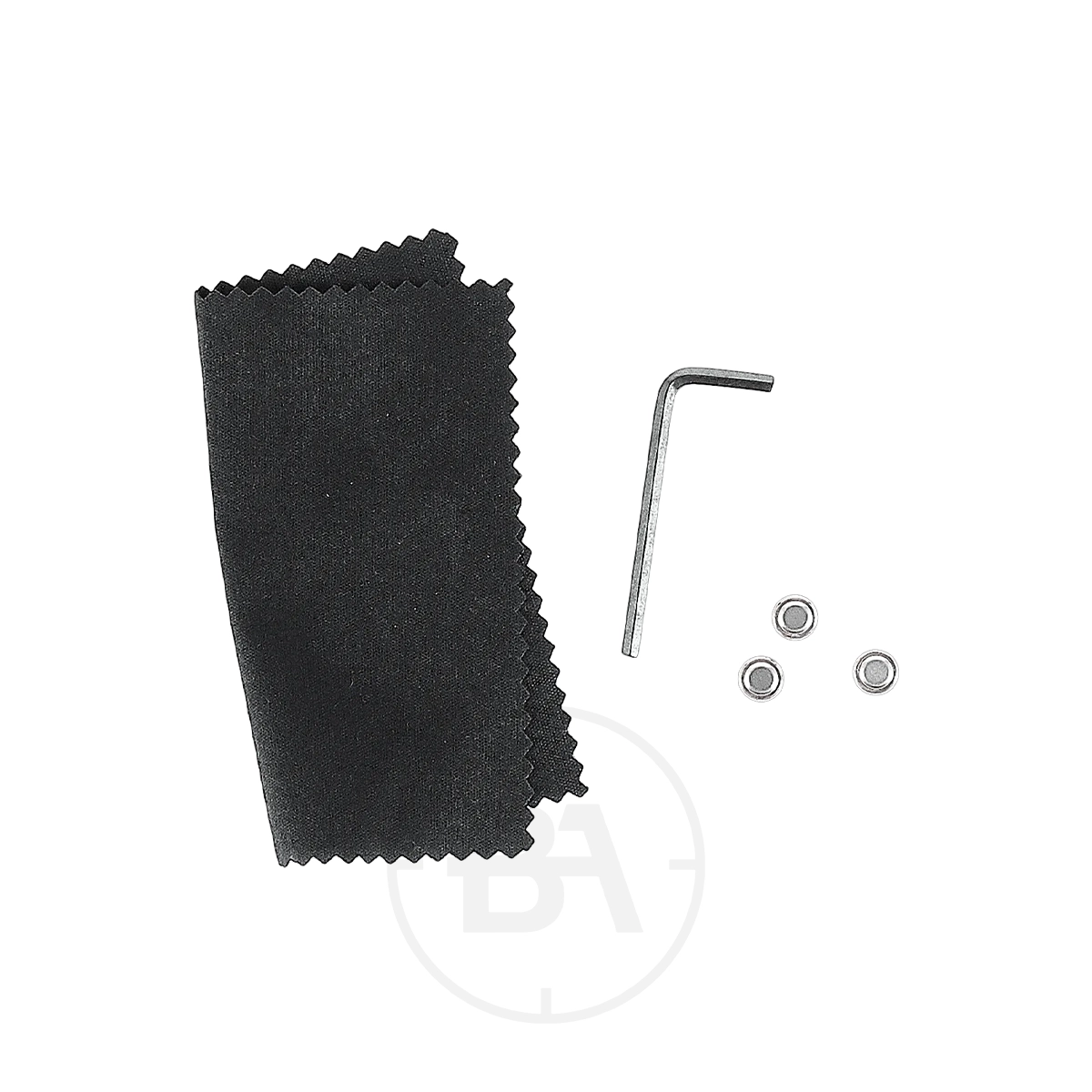 Umarex UX NP 4 MOA Nano Point Sight 5 A black cleaning cloth, an L-shaped hex key, and four small metal bearings for the Umarex UX NP 4 MOA Nano Point Sight are neatly arranged on a white background.