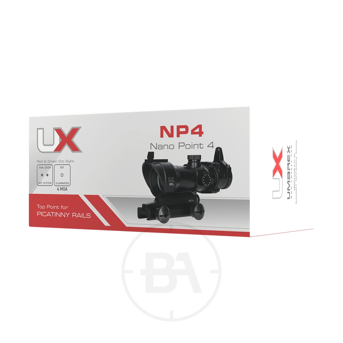Umarex UX NP 4 MOA Nano Point Sight 3 Box of the Umarex UX NP 4 MOA Nano Point Sight with red/green dot options, MOA adjustment, and Picatinny rail compatibility, featuring product image and key features on the packaging.