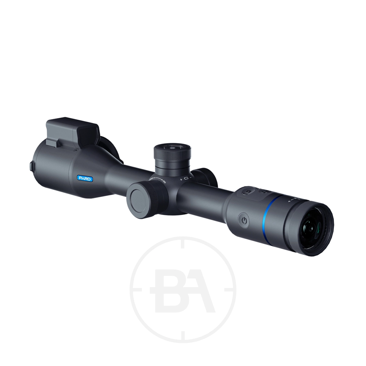 Pard Night Stalker 4K EX High Resolution Premium Day/Night Vision Rifle Scope 3 The Pard Night Stalker 4K EX is a high-resolution black rifle scope with adjustment dials, a top digital display, and a blue accent by the eyepiece. It offers premium day and night vision capabilities and is shown against a white background.