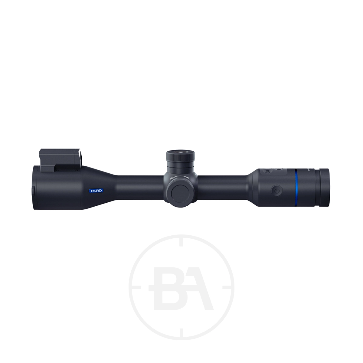 Pard Night Stalker 4K EX High Resolution Premium Day/Night Vision Rifle Scope 4 The Pard Night Stalker 4K EX is a black, high-resolution premium day and night vision rifle scope with central adjustment knobs and a rectangular attachment on the left, displayed against a white background.