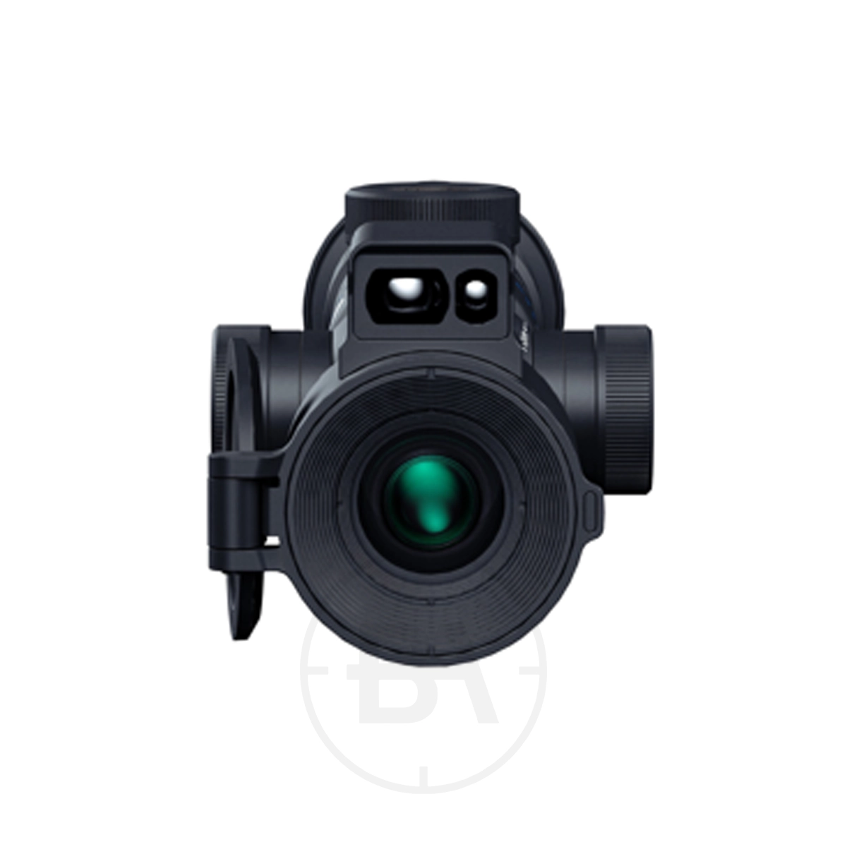Pard Night Stalker 4K EX High Resolution Premium Day/Night Vision Rifle Scope 6 Front view of the Pard Night Stalker 4K EX, a high resolution premium day and night vision rifle scope in black, featuring a prominent lens and adjustment knobs, photographed against a white background.