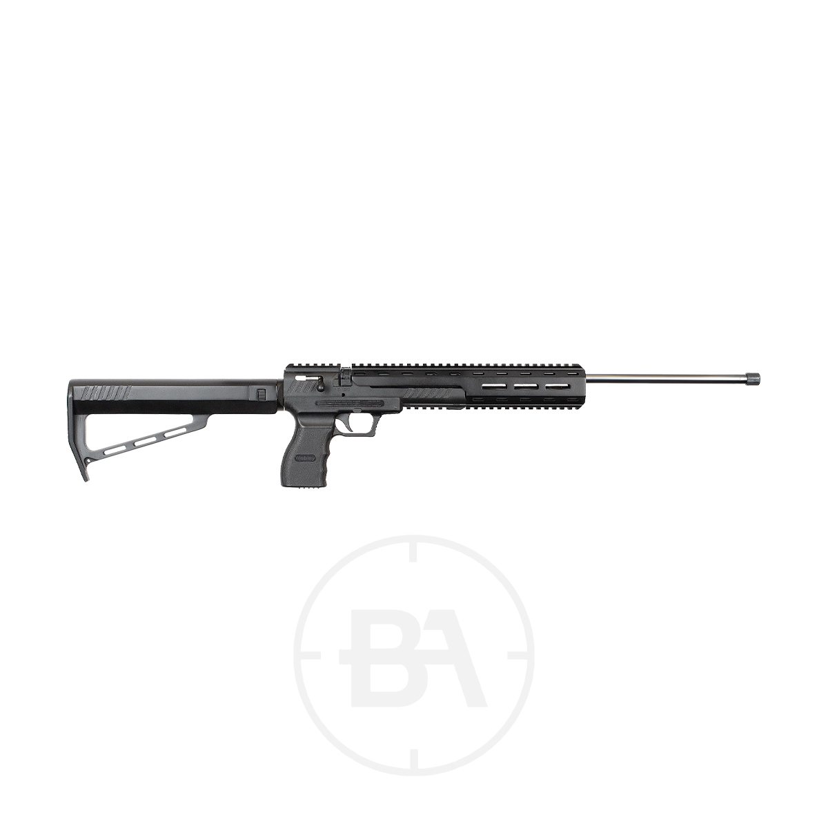 Webley Nemesis X CO2 Air Rifle 1 The Webley Nemesis X CO2 Air Rifle showcases a sleek black tactical design with an extended barrel, adjustable cheek rest on the stock, and a rail-equipped handguard.
