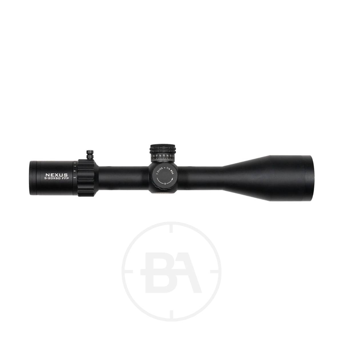 Element Optics Nexus 5-20×50 FFP Rifle Scope 1 Element Optics Nexus 5-20×50 FFP Rifle Scope With Mounts, featuring an adjustable dial and magnification markings, shown side view on a white background—ideal for those needing a premium first focal plane scope.