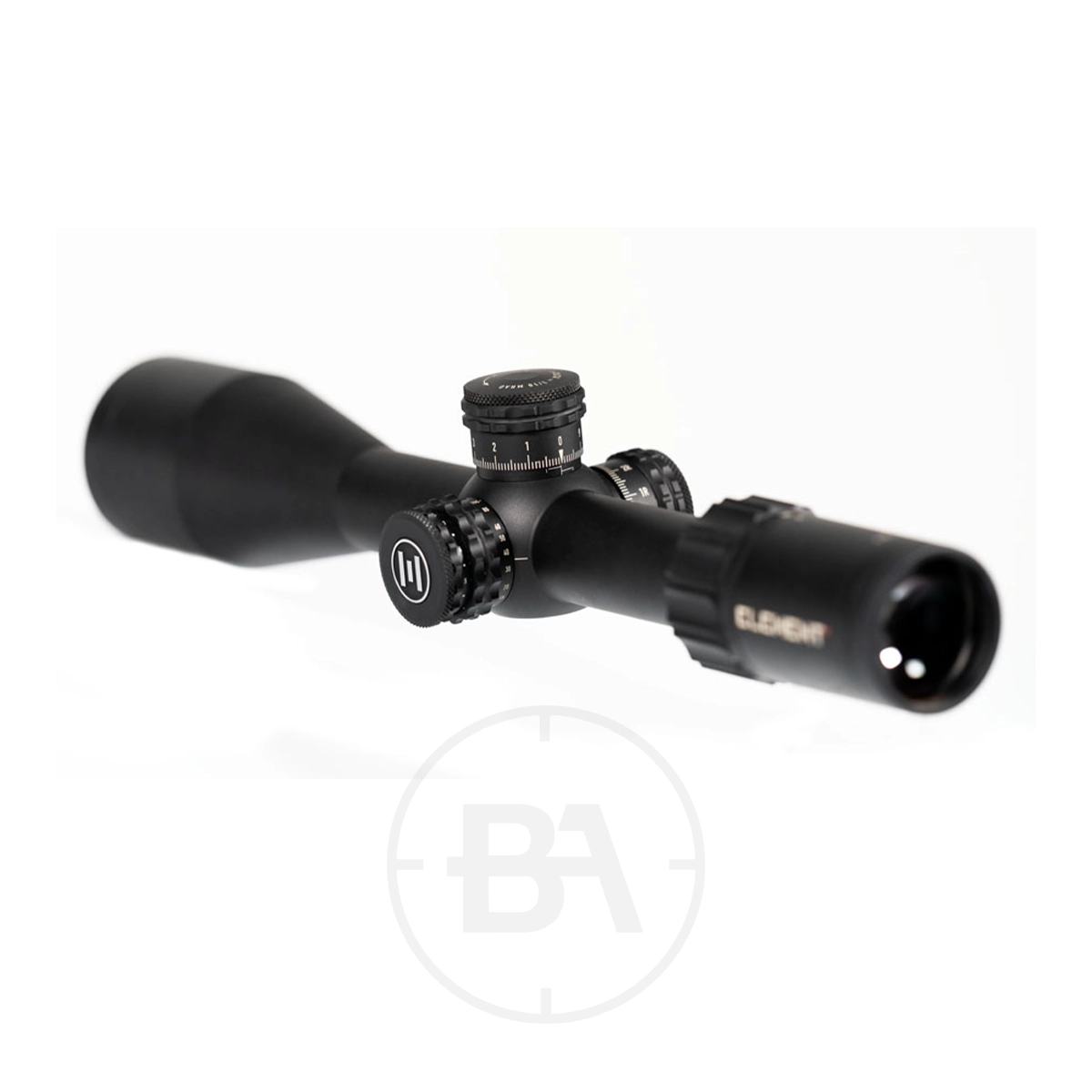 Element Optics Nexus 5-20×50 FFP Rifle Scope 5 The Element Optics Nexus 5-20×50 FFP Rifle Scope With Mounts, in black, features adjustment dials on the top and side and is shown at an angle against a white background.