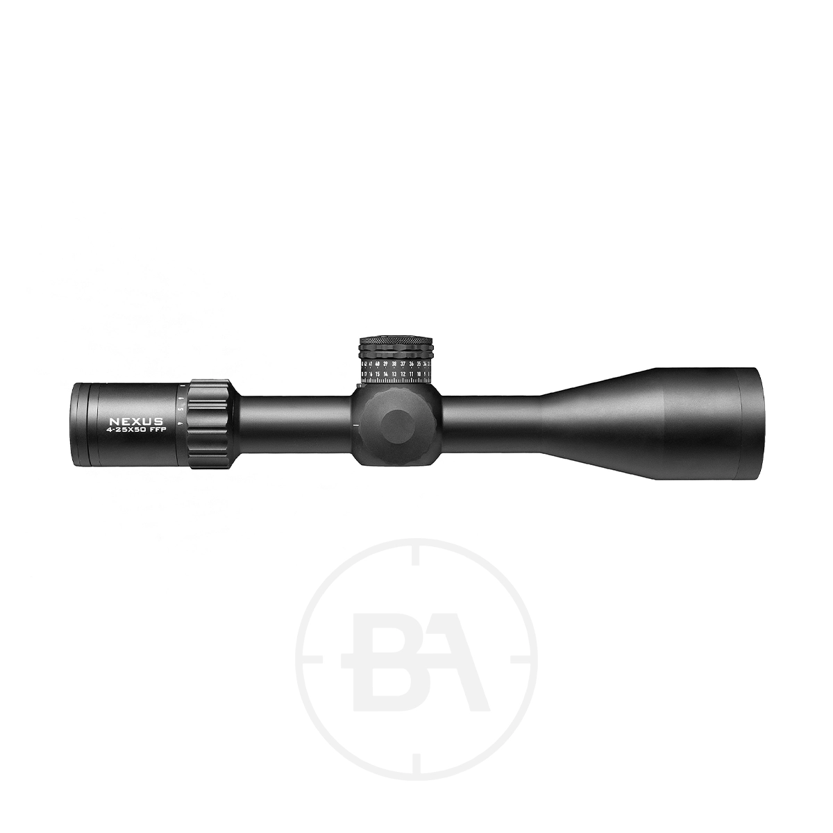 Element Optics Nexus Gen 2 4-25X50 FFP Rifle Scope 1 Element Optics Nexus Gen 2 4-25x50 FFP Rifle Scope with mounts, featuring a central adjustment dial, is displayed against a plain white background.