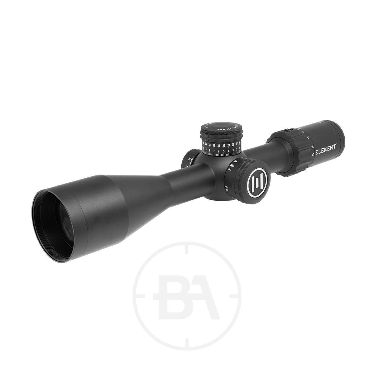 Element Optics Nexus Gen 2 4-25X50 FFP Rifle Scope 3 Element Optics Nexus Gen 2 4-25X50 FFP Rifle Scope with mounts, featuring adjustment dials and bold Element branding, displayed on a white background.