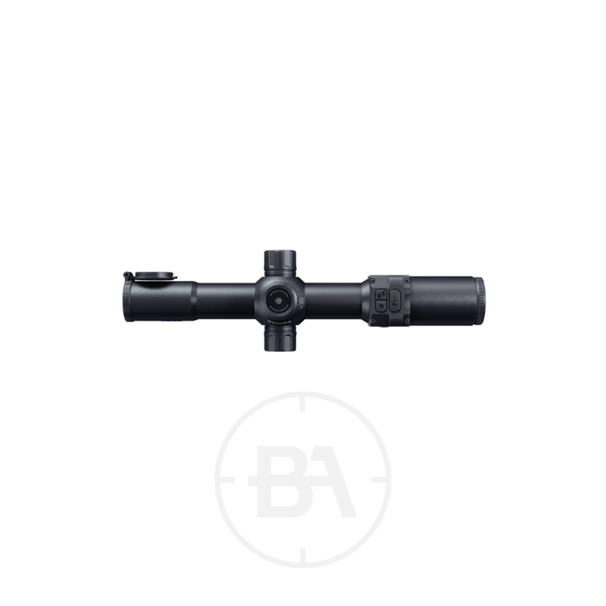 Pard Night Stalker Mini Scope 7 A Pard Night Stalker Mini Scope in black, featuring adjustment dials and a flip-up lens cover, is shown from the side on a white background.