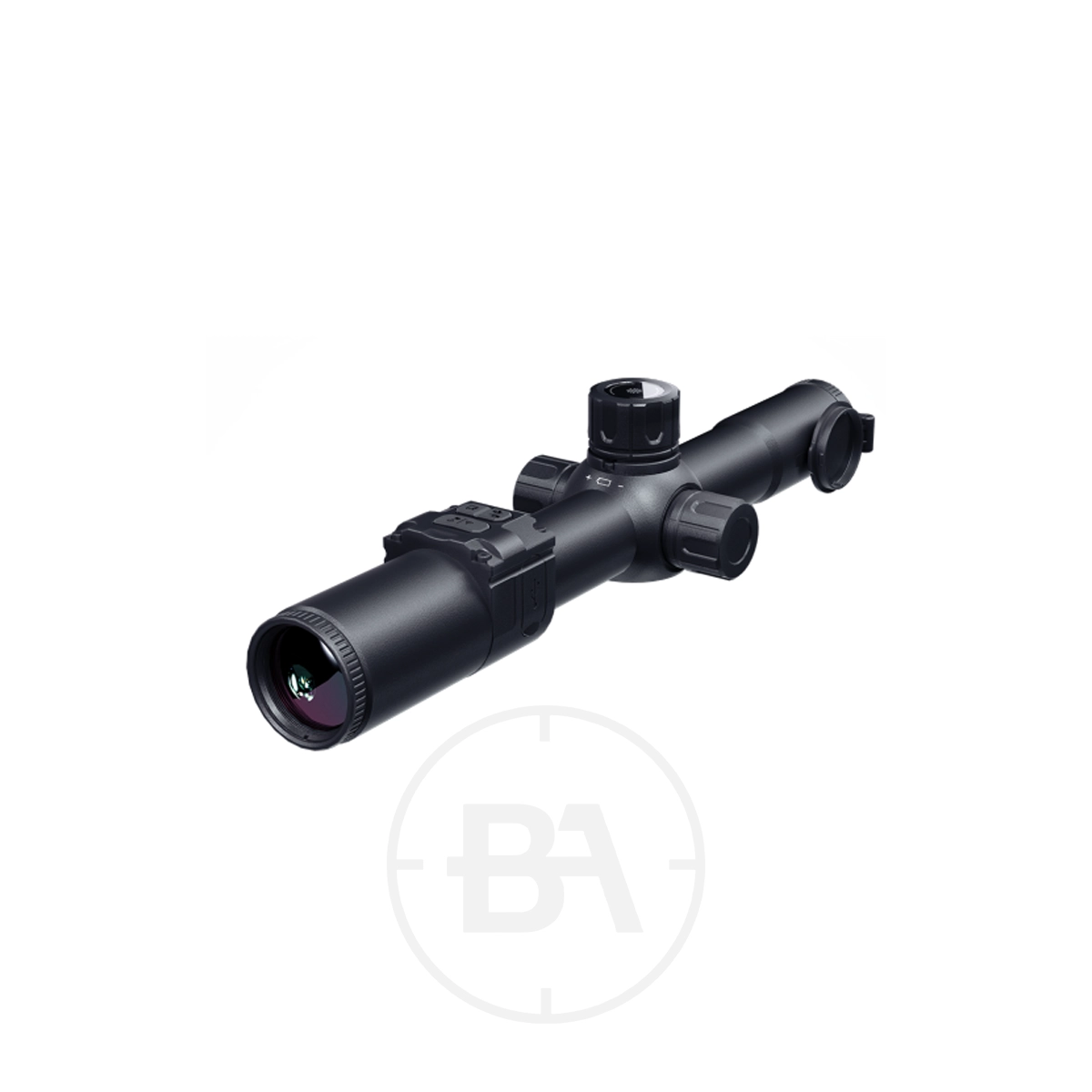 Pard Night Stalker Mini Scope 1 A Pard Night Stalker Mini Scope in black with adjustment dials and lens covers, displayed horizontally against a plain white background.