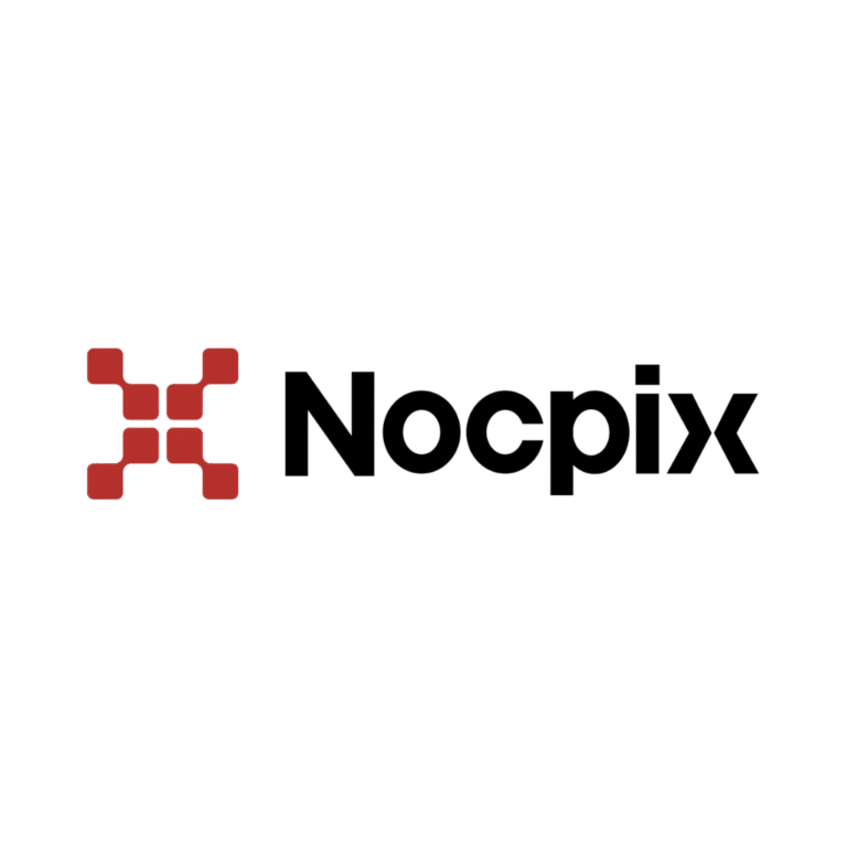 The image shows the word "Nocpix" in bold black letters next to a red abstract geometric logo on a light gray background.