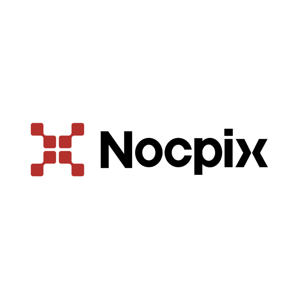 The image shows the word "Nocpix" in bold black letters next to a red abstract geometric logo on a light gray background.