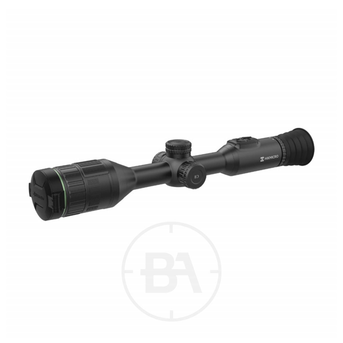 HIKMICRO Alpex 4K Day & Night Vision Rifle Scope Series 1 A black HIKMICRO Alpex 4K Rifle Scope with adjustment knobs and flip-up lens covers, offering Day & Night Vision, is shown against a plain white background.