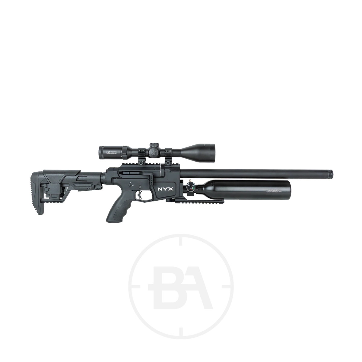 Reximex Nyx Compact Regulated PCP Air Rifle 1 A Reximex NYX Compact Regulated PCP Air Rifle with a mounted scope, adjustable stock, and large air cylinder below the barrel is shown against a white background.