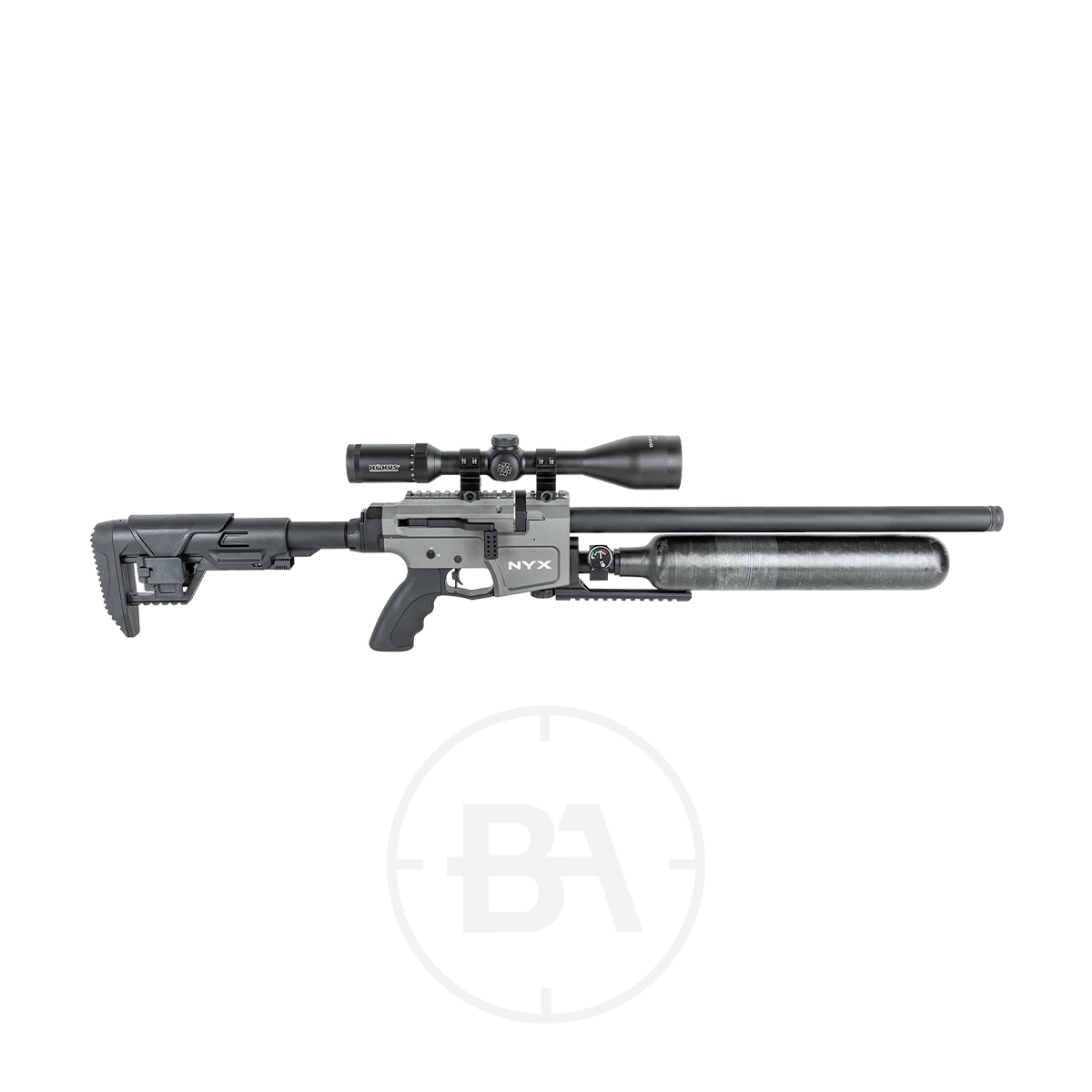 Reximex Nyx Compact Regulated PCP Air Rifle 2 The Reximex NYX Compact Regulated PCP Air Rifle features a black adjustable stock, silver and black body marked "Reximex NYX," a mounted scope, and a large air cylinder beneath the long barrel, shown on a white background.