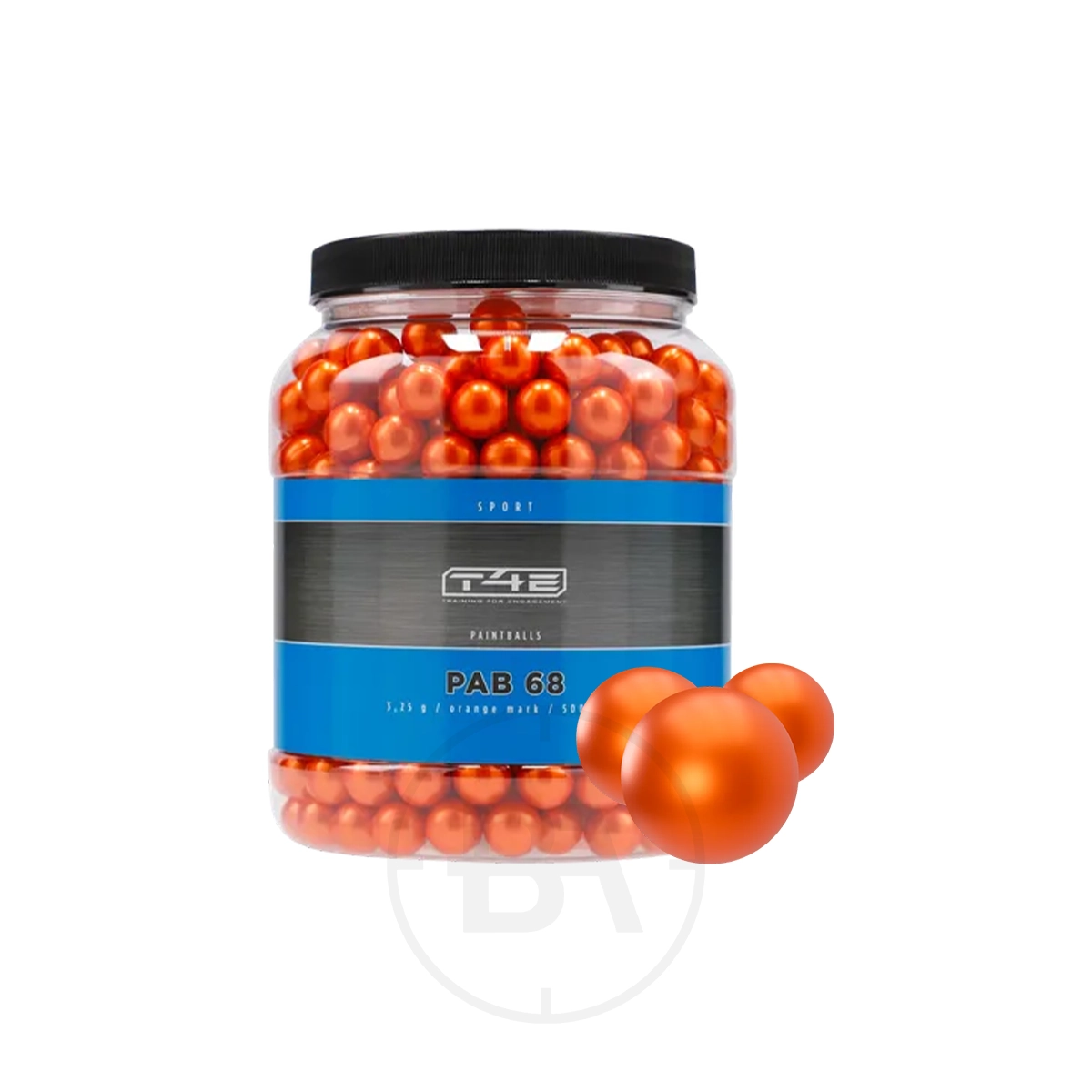 Umarex T4E Sport PAB .68 Orange Paintballs (x500) 1 A clear plastic jar labeled "Umarex T4E Sport PAB .68 Orange Paintballs (x500)" is filled with orange paintballs, with three orange paintballs displayed in front.