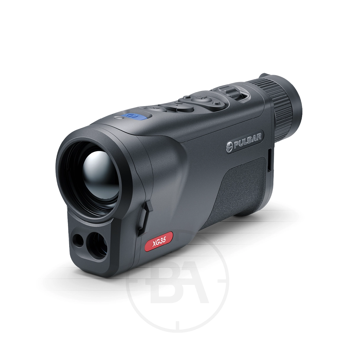 Pulsar Oryx LRF XG35 Thermal Imaging Monocular 1 The Pulsar Oryx LRF XG35 Thermal Imaging Monocular is black, features multiple top buttons, a large front lens, an eyepiece, and a red "XG35" label near the front. The device is shown angled to the right.