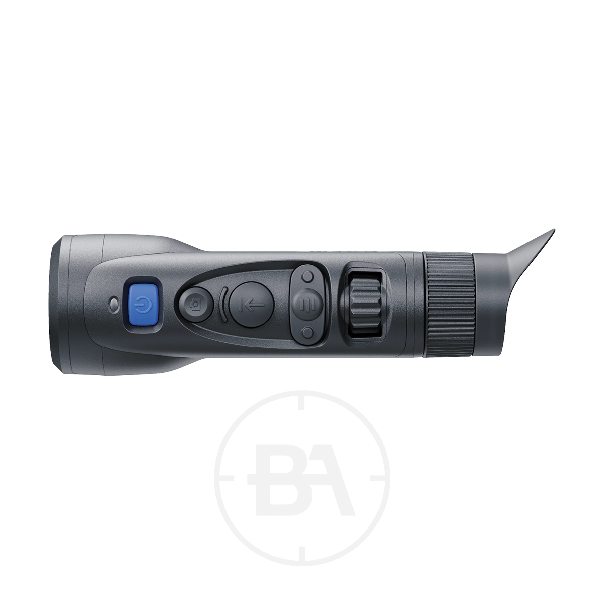 Pulsar Oryx LRF XG35 Thermal Imaging Monocular 5 The Pulsar Oryx LRF XG35 Thermal Imaging Monocular is a compact black handheld device with multiple buttons, a large blue power button, a rubberised grip, rotary dial, and tapered end, displayed horizontally on a white background.