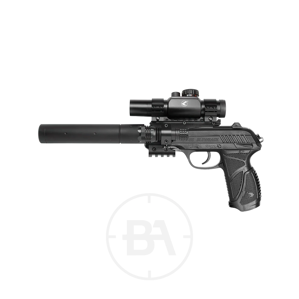 Gamo PT 85 Blowback Tactical CO2 Pistol With Red Dot & Torch 1 A black Gamo P-85 Blowback Tactical CO2 Pistol with a red dot and torch fitted, displayed against a white background.