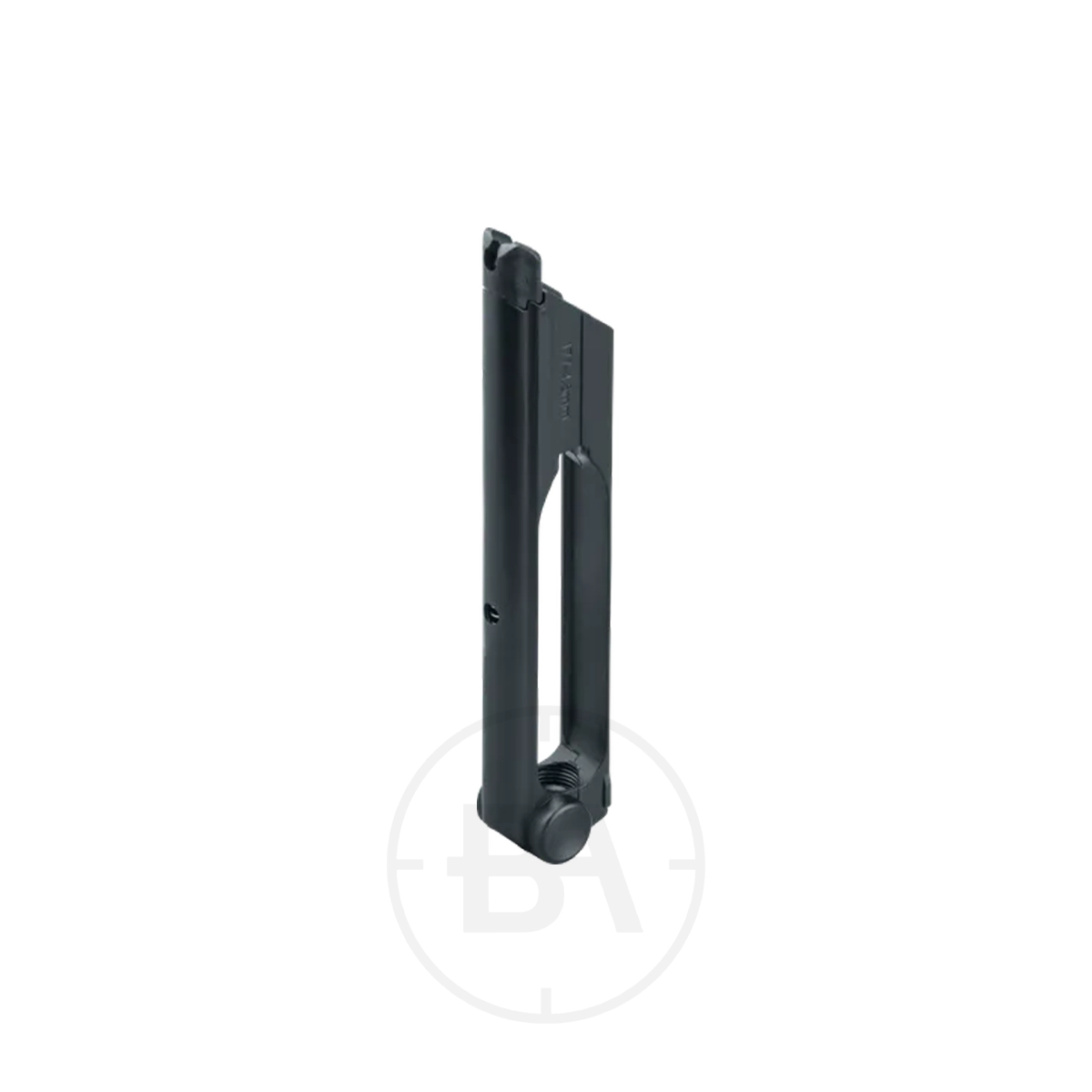 Umarex Legends P08 Luger 20 Round BB Magazine 1 The Umarex Legends P08 Luger 20 Round BB Magazine, made of black metal, stands upright at a slight angle against a white background.