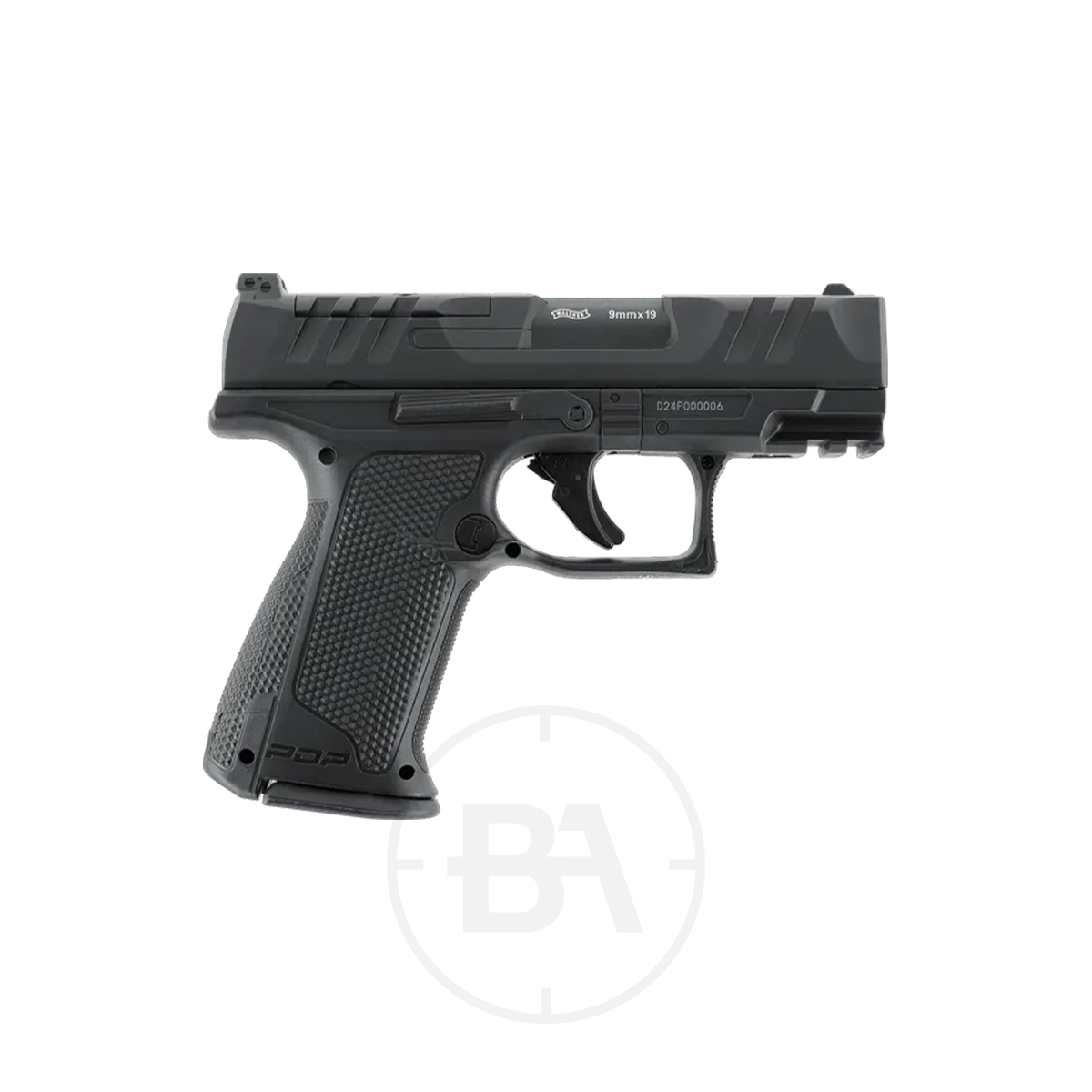 Walther PDP F-Series 3.5" CO2 BB Pistol 3 The Walther PDP F-Series 3.5" CO2 BB Pistol in black features a textured grip, visible trigger guard, and slide markings, shown against a white background.