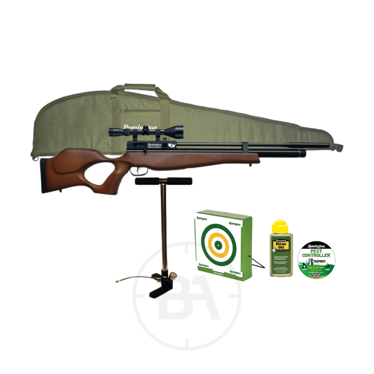 Remington Airacobra PCP Air Rifle Package 1 The Remington Airacobra PCP Air Rifle Package comes with a brown air rifle and mounted scope, green case, hand pump, paper targets, pellets, and airgun oil.