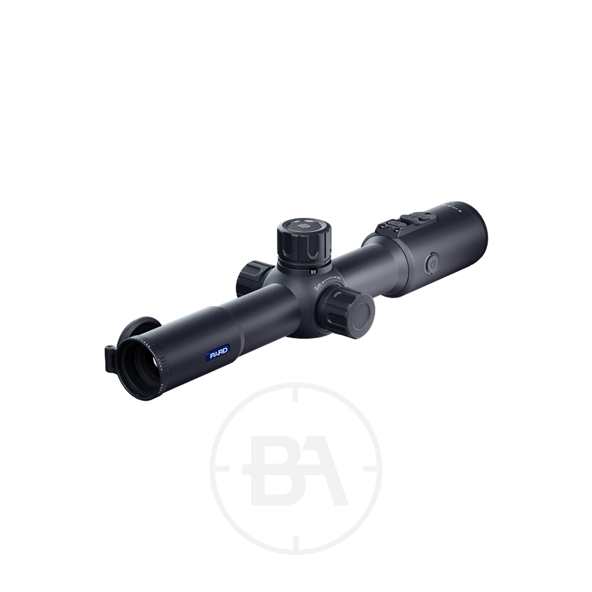 Pard Pantera 256 Mini Thermal Imaging Scope 1 The Pard Pantera 256 Q Thermal Imaging Scope is a black rifle scope with adjustment knobs and lens covers, featuring advanced 256 Q thermal imaging, shown on a white background.