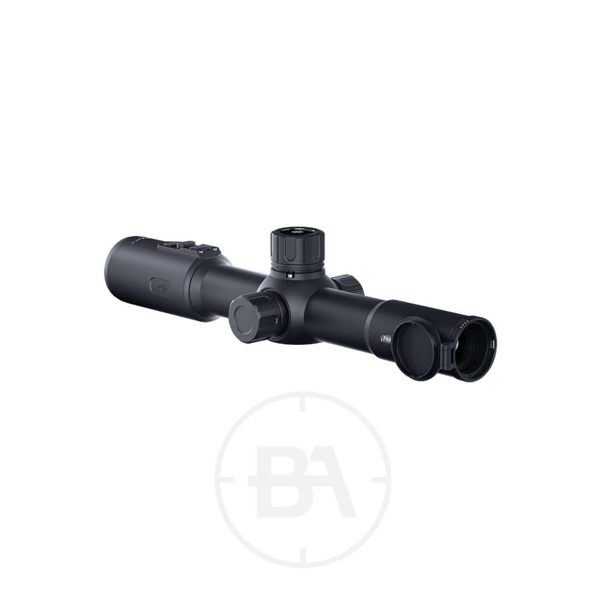 Pard Pantera 256 Mini Thermal Imaging Scope 3 The Pard Pantera 256 Q Thermal Imaging Scope, in black with flip-up lens covers, adjustment knobs, and a matte finish, is displayed on a plain white background—offering advanced thermal imaging for precision shooting.
