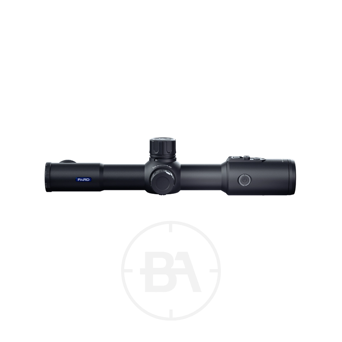Pard Pantera 256 Mini Thermal Imaging Scope 9 A Pard Pantera 256 Q Thermal Imaging Scope in black, featuring adjustment knobs, shown from the side on a white background.
