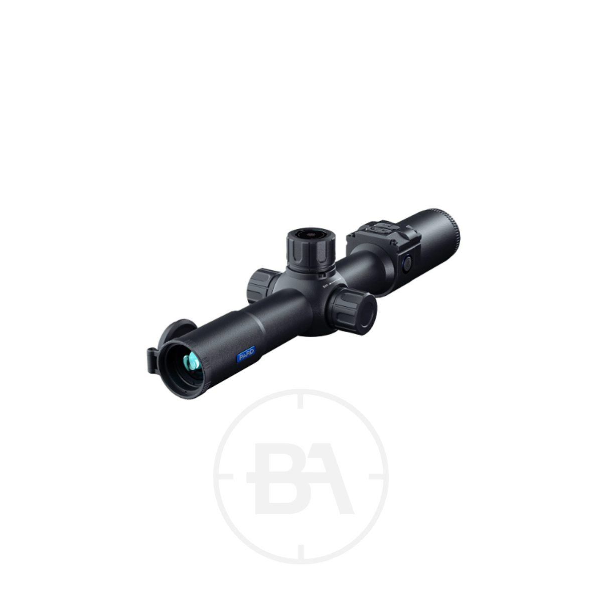 Pard Night Stalker Mini Scope 5 The Pard Night Stalker Mini Scope in black features adjustment dials and flip-up lens covers, shown angled on a white background.