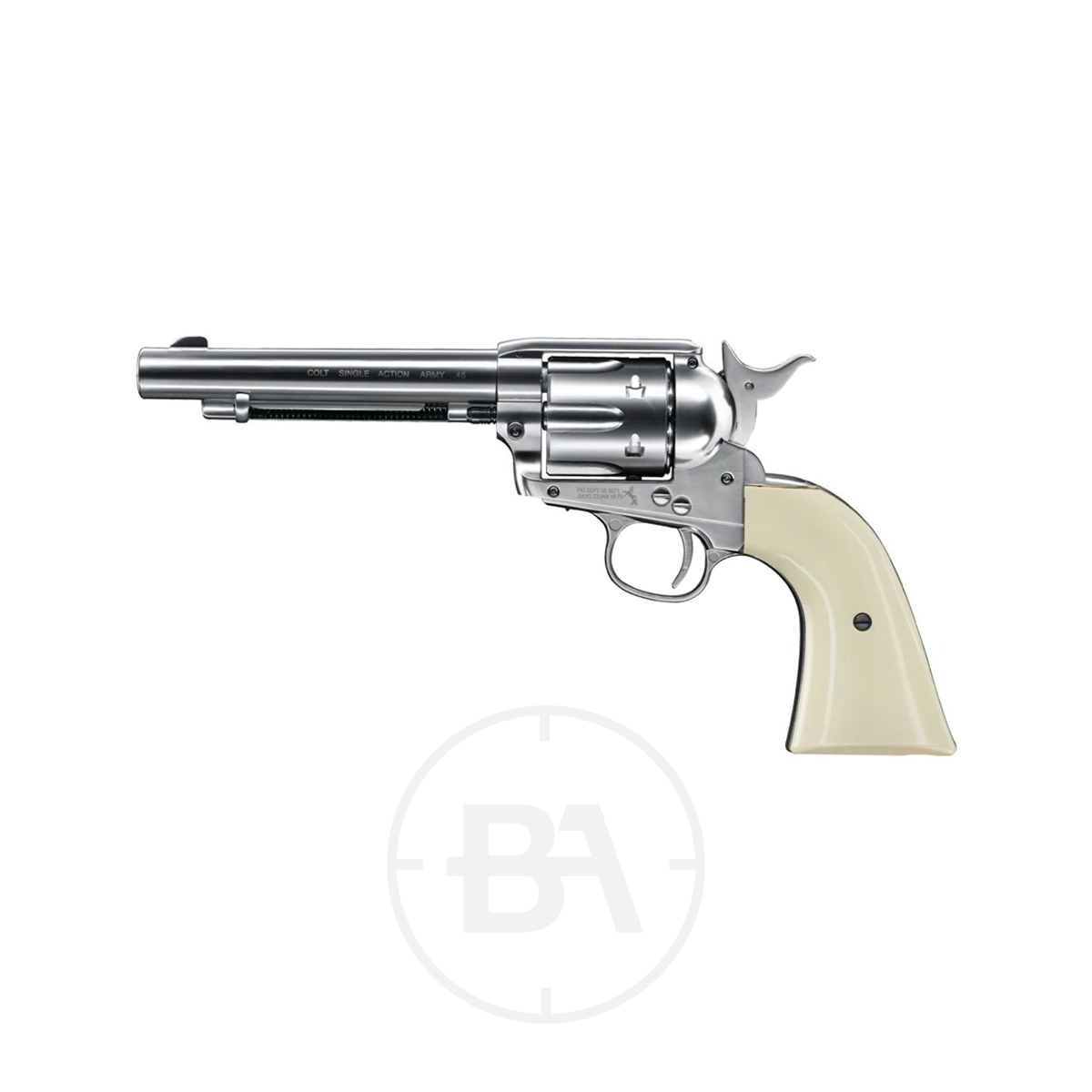 Colt SAA 5.5" CO2 BB Pistol 1 A silver revolver with a long barrel and an ivory-colored handle is displayed against a white background.