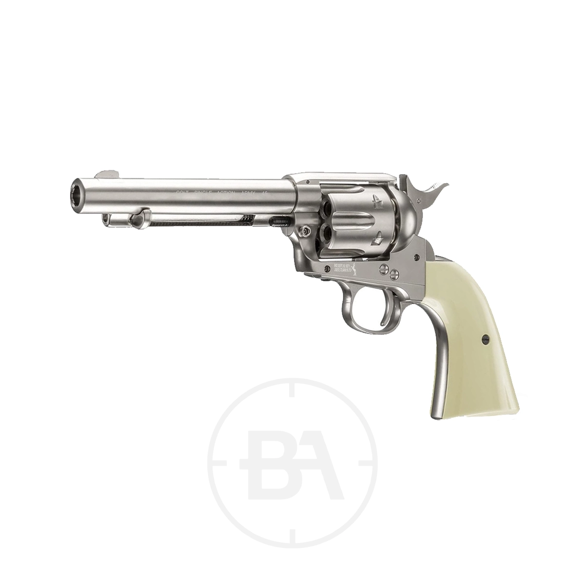 Colt SAA 5.5" CO2 BB Pistol 3 A silver revolver with a long barrel and an ivory-colored grip, displayed against a white background.