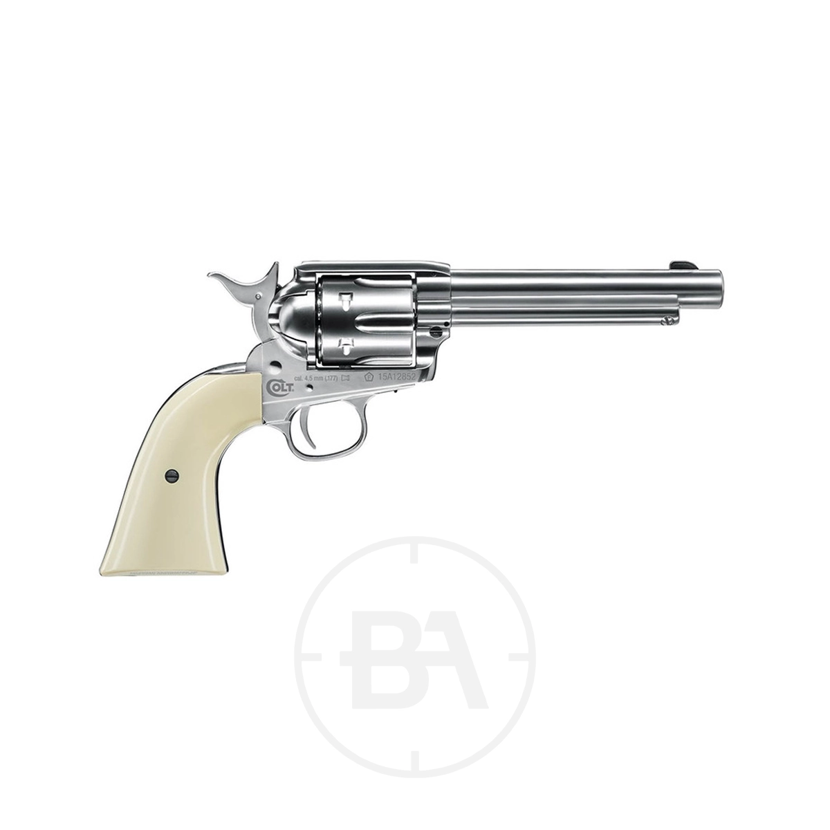 Colt SAA 5.5" CO2 BB Pistol 5 A silver revolver with a long barrel and a light-colored handle is displayed on a white background.
