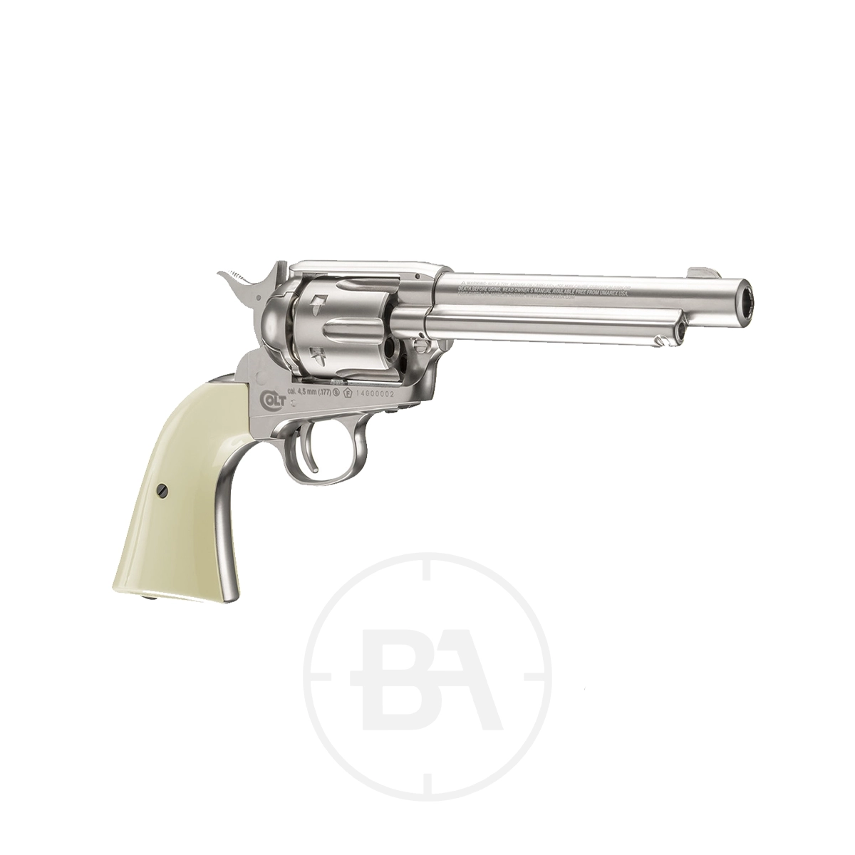 Colt SAA 5.5" CO2 BB Pistol 7 A silver revolver with a long barrel and ivory-colored grip, displayed on a white background.