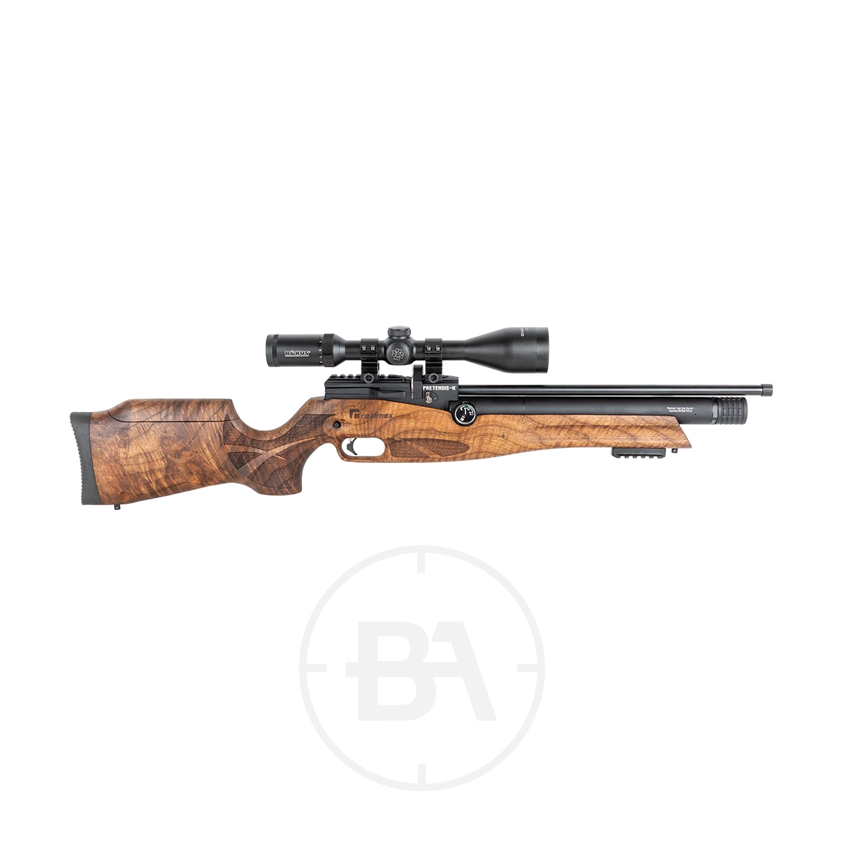 Reximex Pretensis K Regulated PCP Air Rifle 1 The Reximex Pretensis-K Regulated PCP Air Rifle with a wooden stock, scope, and black metal barrel is shown against a white background.