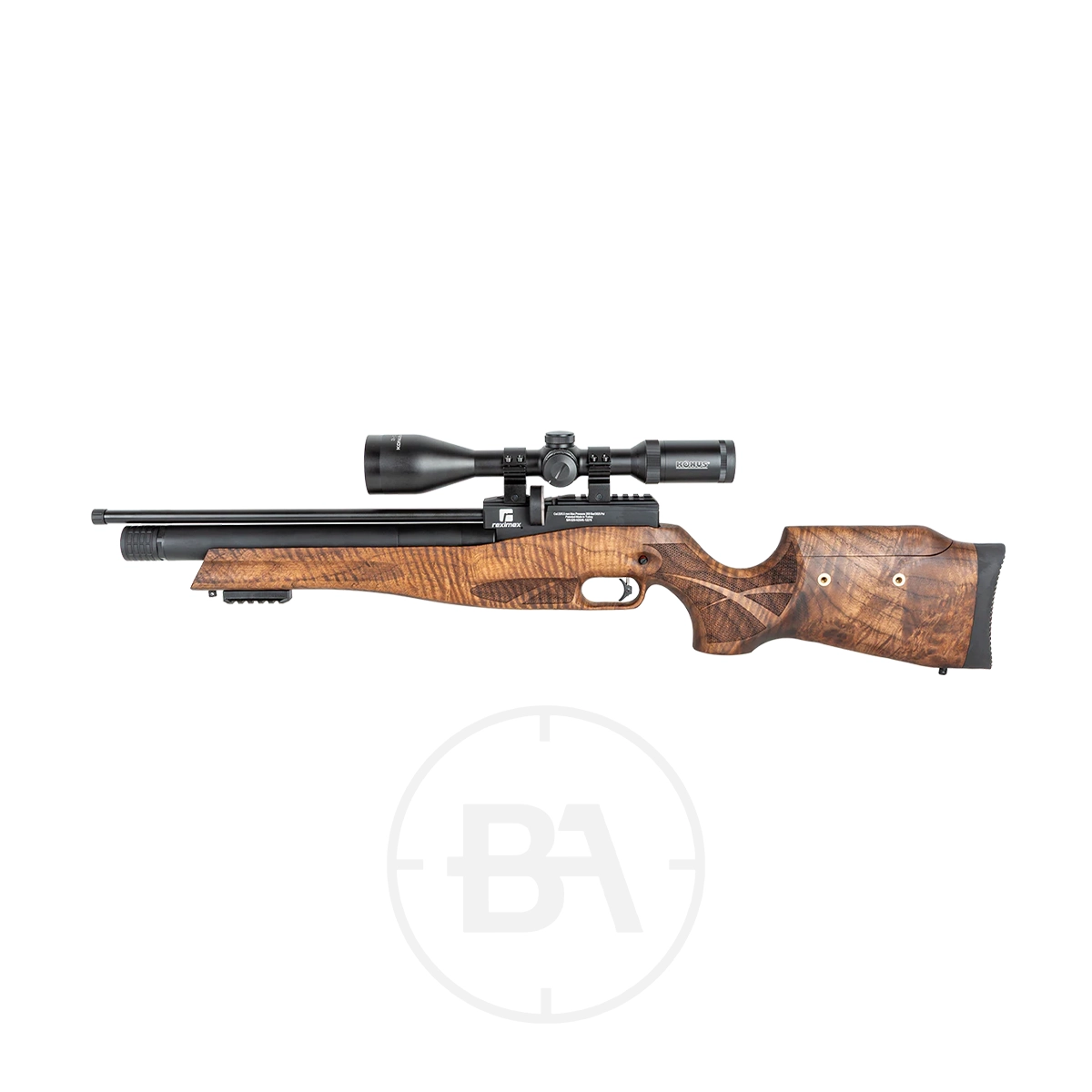 Reximex Pretensis K Regulated PCP Air Rifle 2 The Reximex Pretensis-K Regulated PCP Air Rifle features a wooden stock, thumbhole grip, and telescopic sight. Its sleek design is showcased on a white background.
