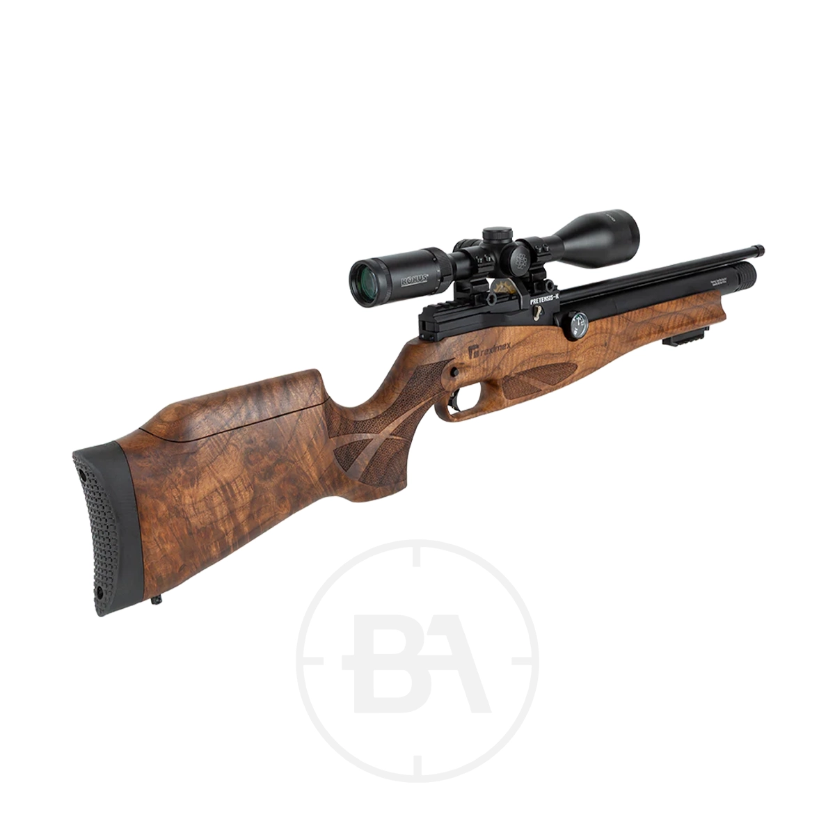 Reximex Pretensis K Regulated PCP Air Rifle 4 The Reximex Pretensis-K Regulated PCP Air Rifle features a wooden textured brown stock, black barrel, and mounted scope, shown on a white background.