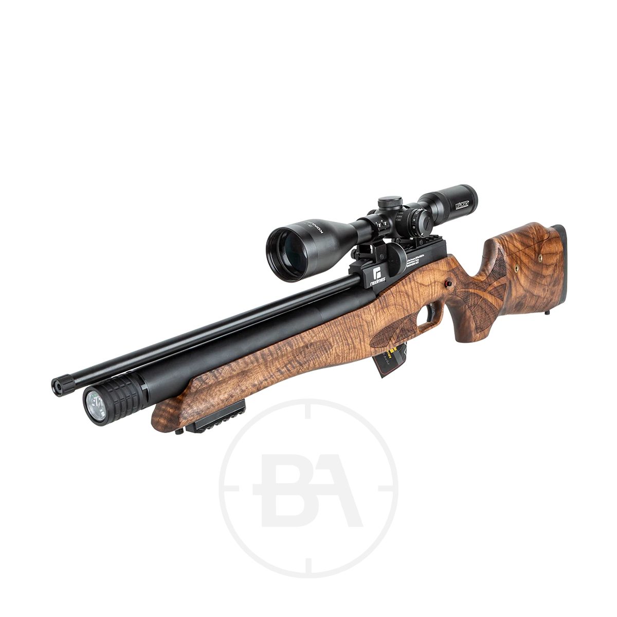 Reximex Pretensis K Regulated PCP Air Rifle 3 Displayed on a white background, the Reximex Pretensis-K Regulated PCP Air Rifle features a precision build with a wooden stock, mounted scope, and cylindrical barrel.
