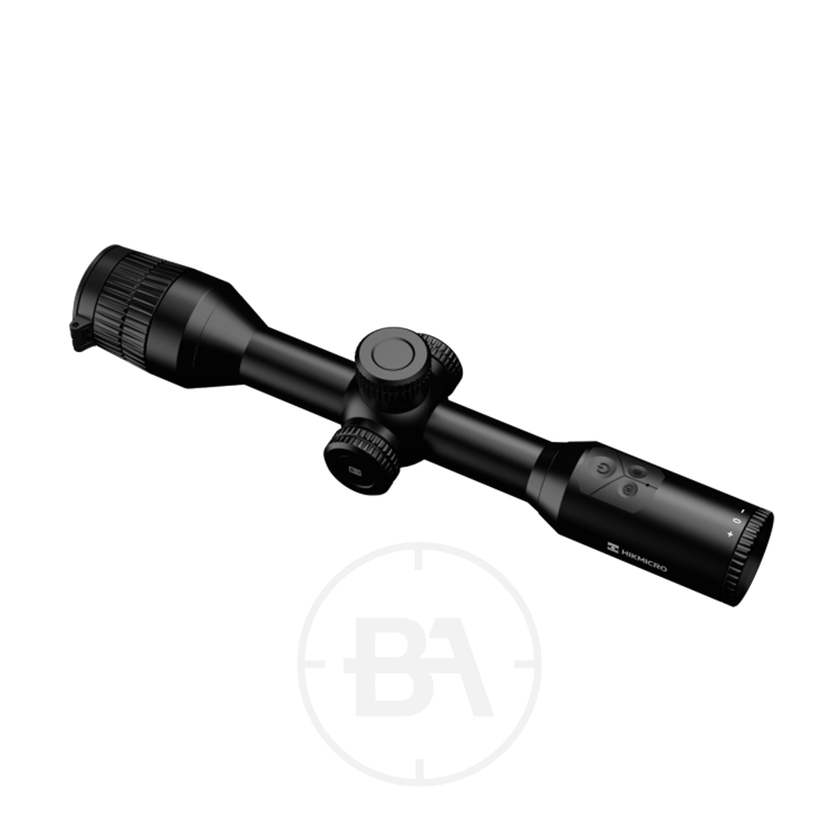 HIKMICRO Stellar Pro 35mm SQ35 Thermal Rifle Scope 5 A HIKMICRO Stellar Pro 35mm SQ35 Thermal Rifle Scope with adjustment knobs and a cylindrical lens housing is shown in black against a white background.