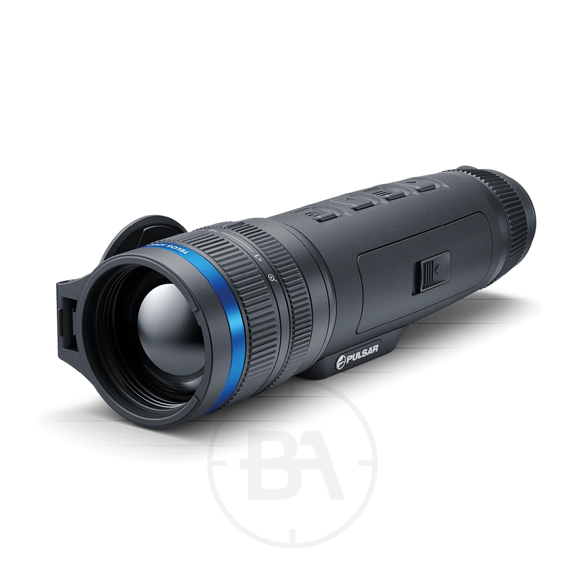 Pulsar Telos XP50 Thermal Imaging Monocular 1 A Pulsar Telos XP50 Thermal Imaging Monocular with a large lens, blue accent ring, and top control buttons rests on a white surface.