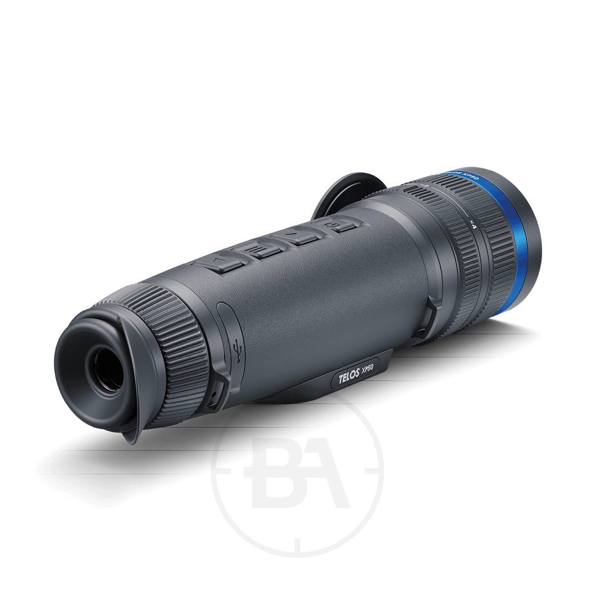 Pulsar Telos XP50 Thermal Imaging Monocular 3 The Pulsar Telos XP50 Thermal Imaging Monocular is black with top buttons, a blue ring by the eyepiece, and "TELOS XP50" on the side, shown against a white background.