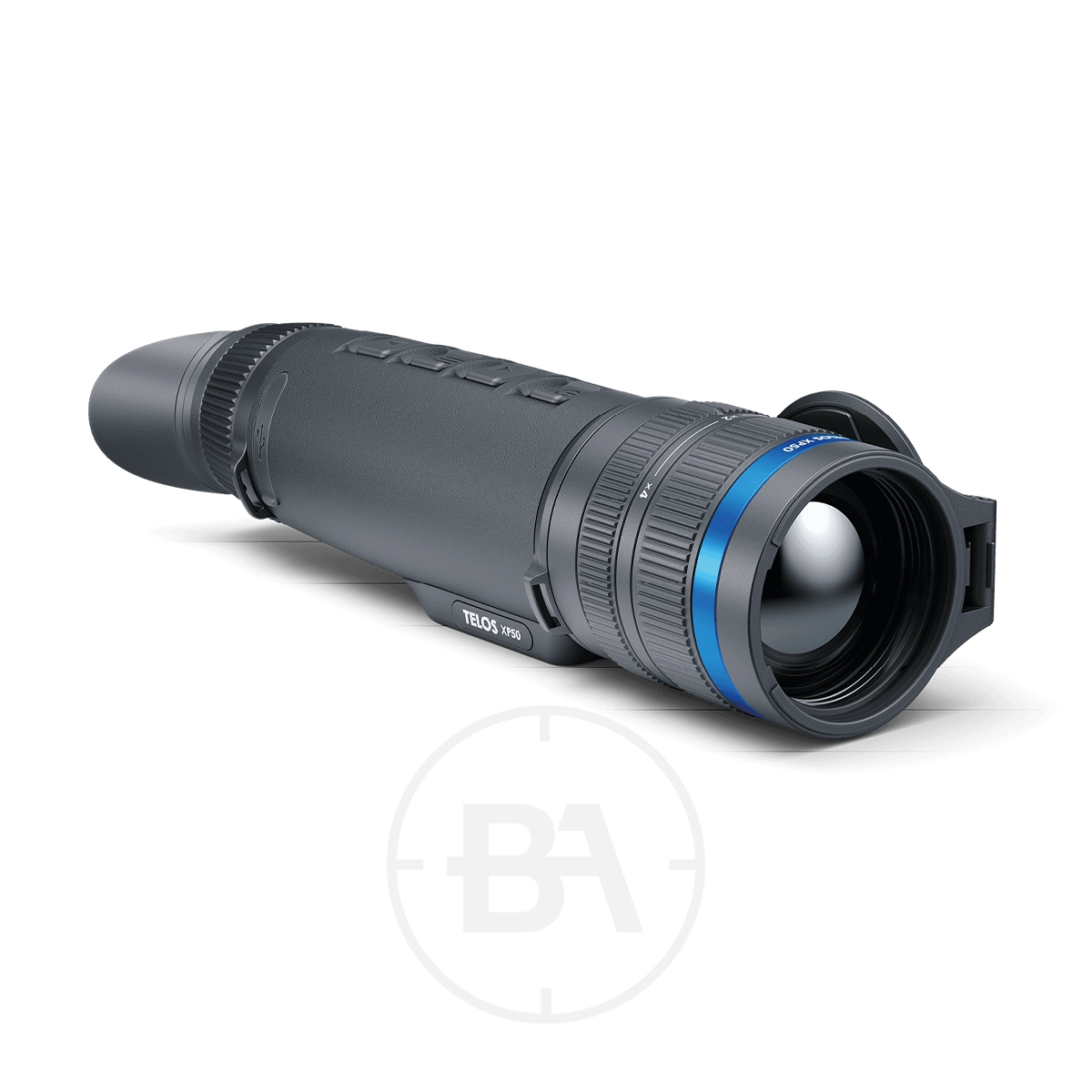 Pulsar Telos XP50 Thermal Imaging Monocular 5 The Pulsar Telos XP50 Thermal Imaging Monocular, shown on a white background, features a large lens, blue accent ring, eyepiece, and top-mounted control buttons.