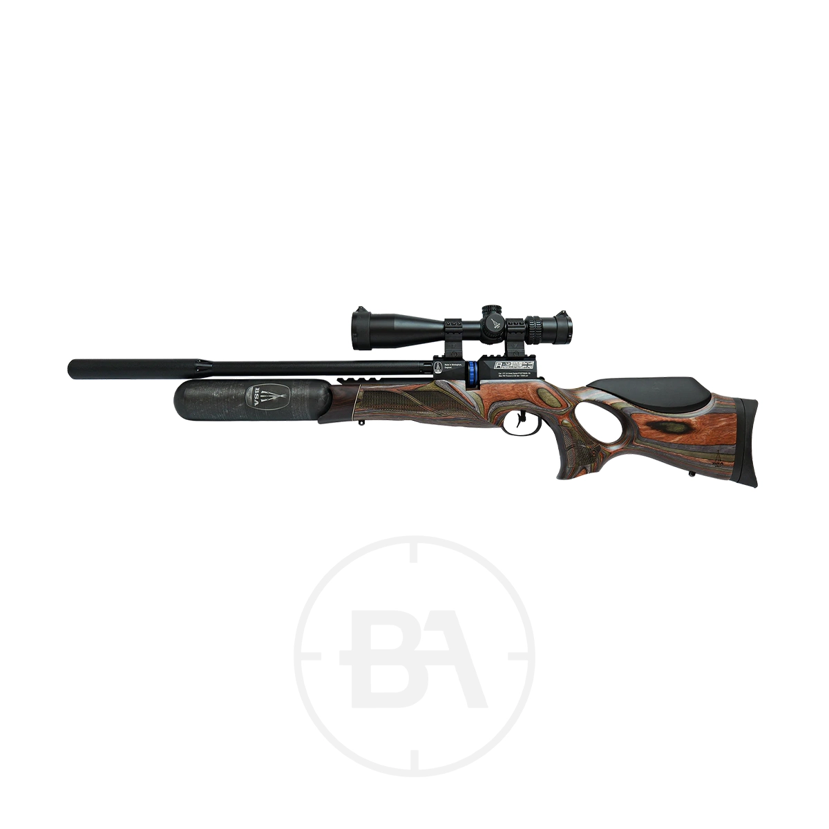 BSA R12 CLX Pro PCP Air Rifle With Hard Case 13 The BSA R12 CLX Pro PCP Air Rifle With Hard Case showcases a wooden stock, mounted scope, and black silencer, displayed horizontally on a white background.