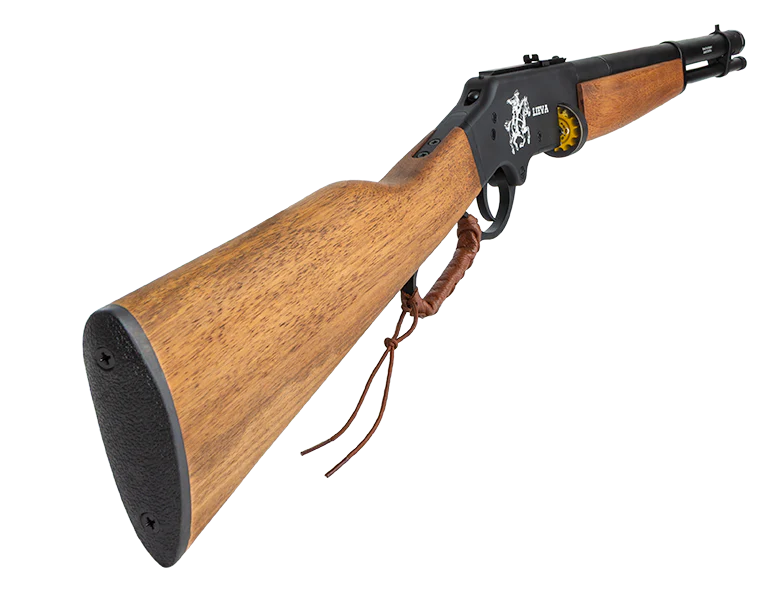 A lever-action Reximex Lieva rifle with a wooden stock, black metal barrel, and engraved designs near the lever. A leather strap is attached to the stock. The rear angle highlights its length in this detailed review.
