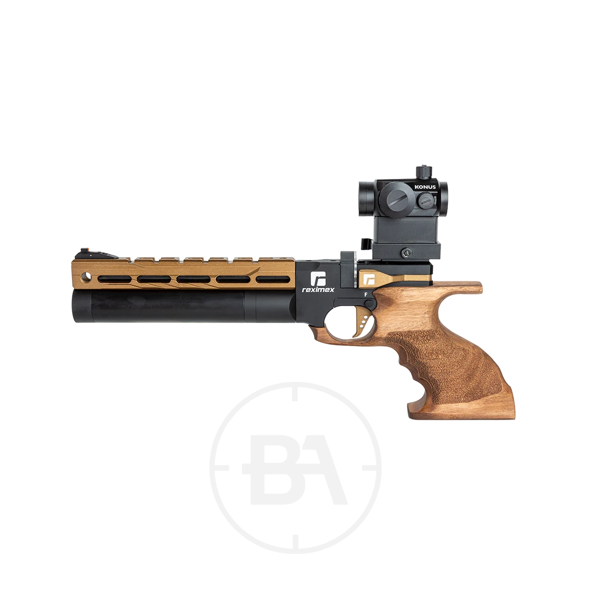 Reximex Mito Race Regulated PCP Pistol 1 A precision PCP pistol with a wooden ergonomic grip, black barrel, and mounted optical sight, the Reximex Mito Race Regulated Pistol is showcased on a white background.