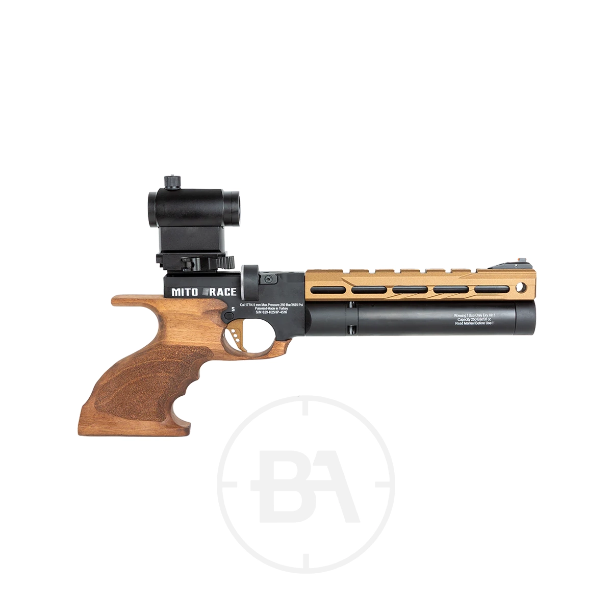 Reximex Mito Race Regulated PCP Pistol 2 A Reximex Mito Race precision air pistol with a Bronze Walnut ergonomic grip, black barrel, tan upper rail, and mounted red dot sight, displayed on a white background.