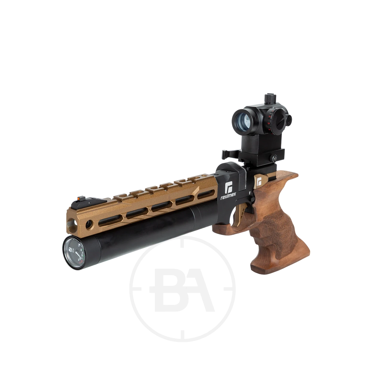 Reximex Mito Race Regulated PCP Pistol 3 A precision PCP pistol, the Reximex Mito features a wooden ergonomic grip, black barrel, bronze handguard, and a mounted red dot sight, all displayed on a white background.